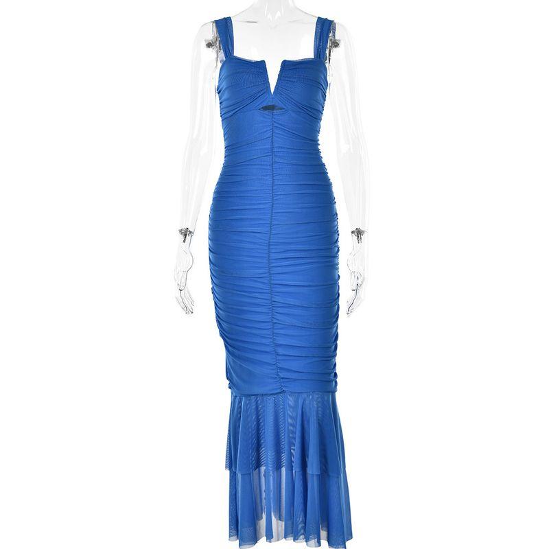 

Fishtail Skirt Summer New Suspender Patchwork Dress Fashionable Sexy Sexy Tight Pleated Fishtail Dress Blue S