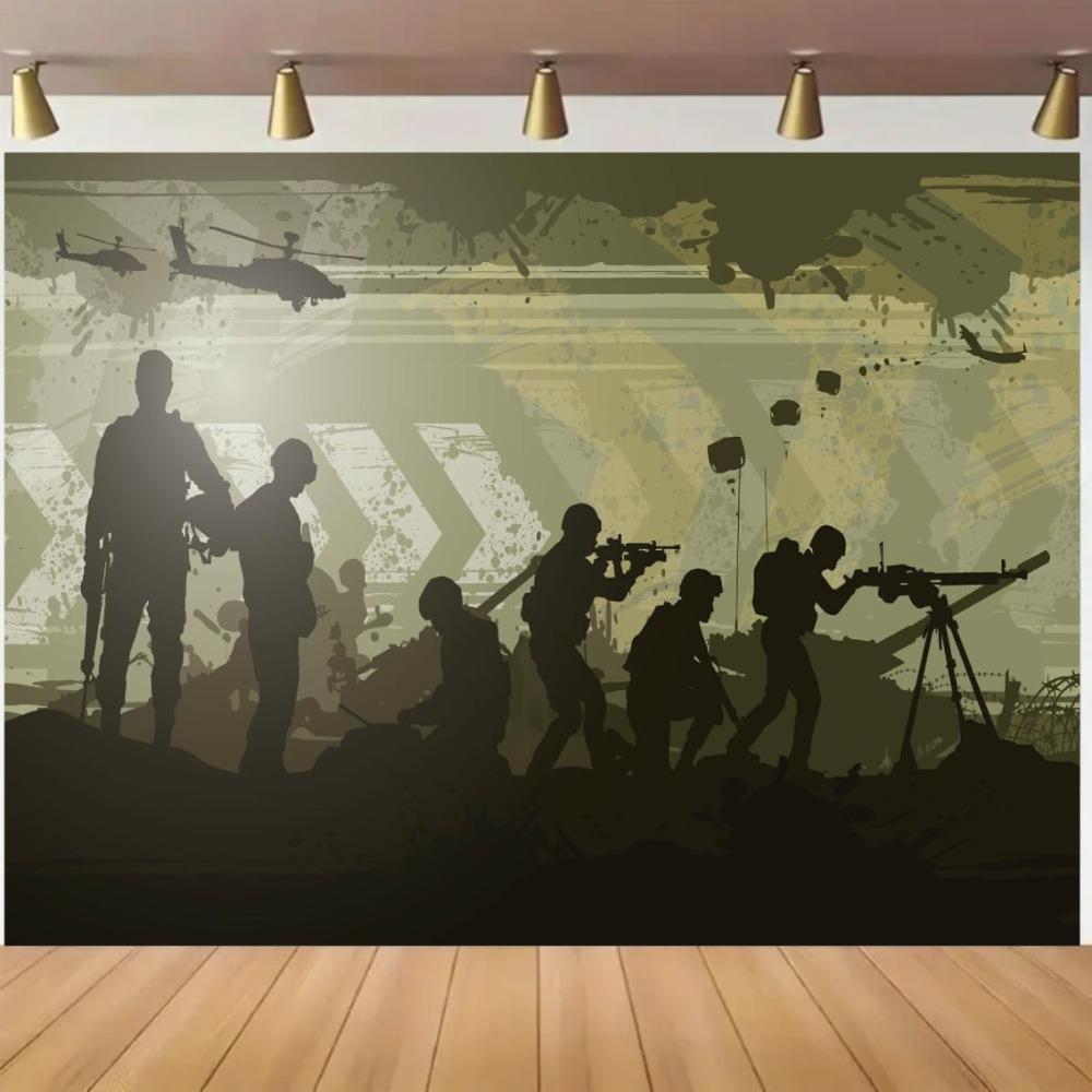 Happy Birthday Camo Party Backdrop Army Green Banner For Military Theme Celebrations, Portrait Photography