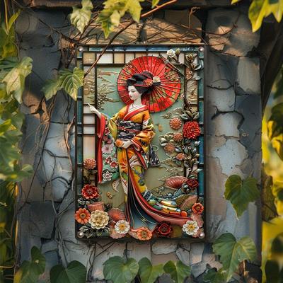 Art Mural Métallique Geisha Japonaise Style Oriental Vintage Sculpture en Relief avec Parapluie Design Floral Plaque Décorative pour