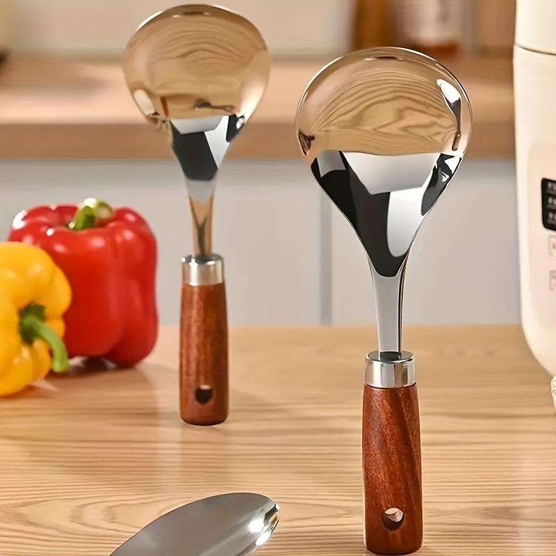 [Stainless Steel | Wooden] 2pcs Stainless Steel Wooden Handle Soup Spoon Set - Non-Stick Kitchen Utensils for Cooking, Dining
