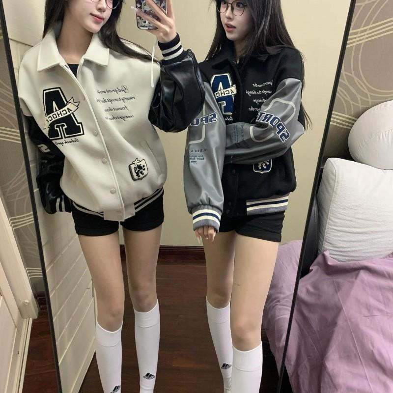 Vintage College Style Embroidered Letter Baseball Jacket Men Women Stand Collar Loose Fit Outerwear