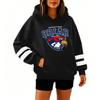 Women's Casual Letter Print Hooded Sweatshirt Pullover Hoodie with Front Pocket and Striped Sleeve Design for Everyday Wear