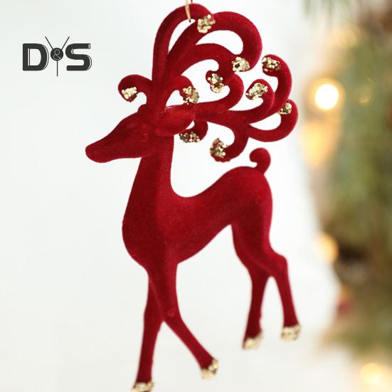 Christmas Ornaments Red Flocking Candy Cane Reindeer Bow Snowflake Hanging Decoration for Tree Home Decor