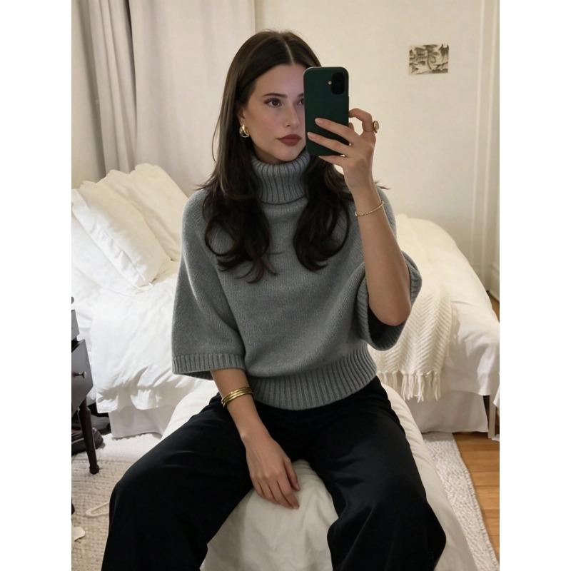 Women S Solid Gray Batwing Sleeve Turtleneck Fitted Pullover Knit Sweater
