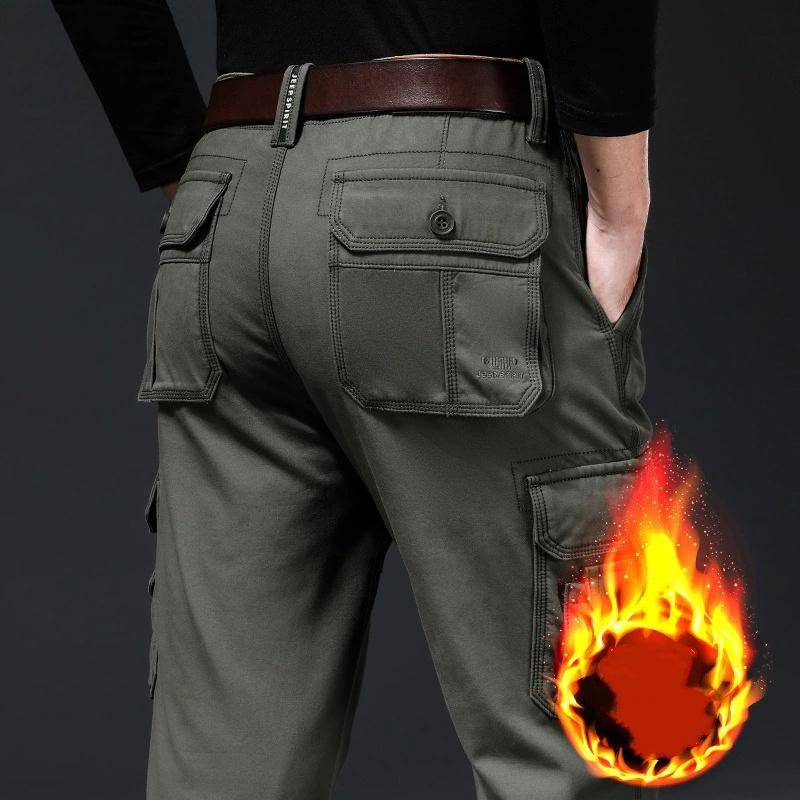 Calças Masculinas Outono Inverno para o Ano Todo com Múltiplos Bolsos, Soltas, Retas, com Veludo Grosso
