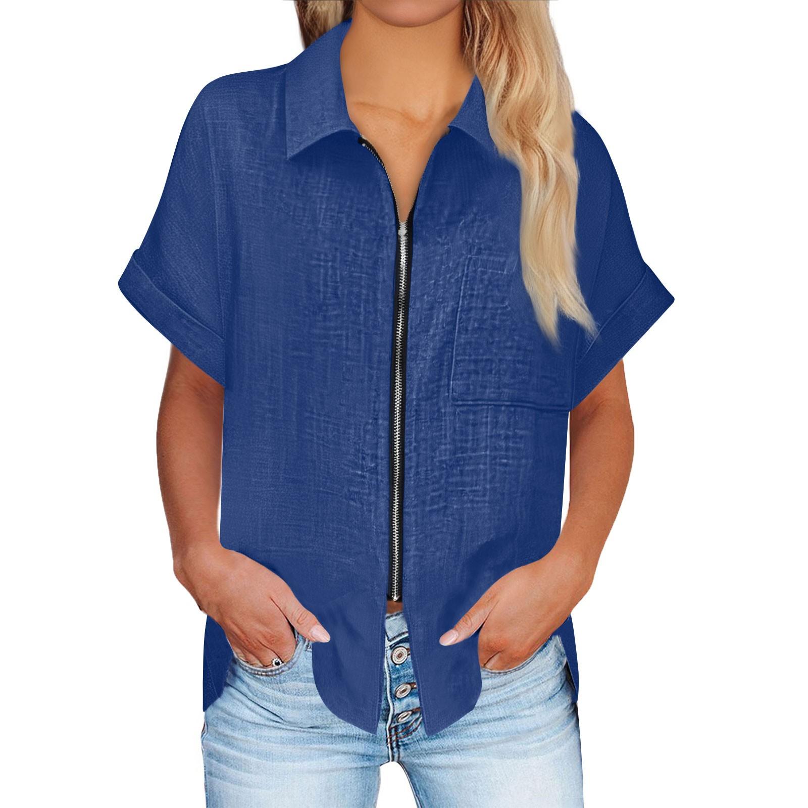 

Женский летний топ с коротким рукавом, модная повседневная одежда, рубашка с застежкой-молнией и короткими рукавами XL