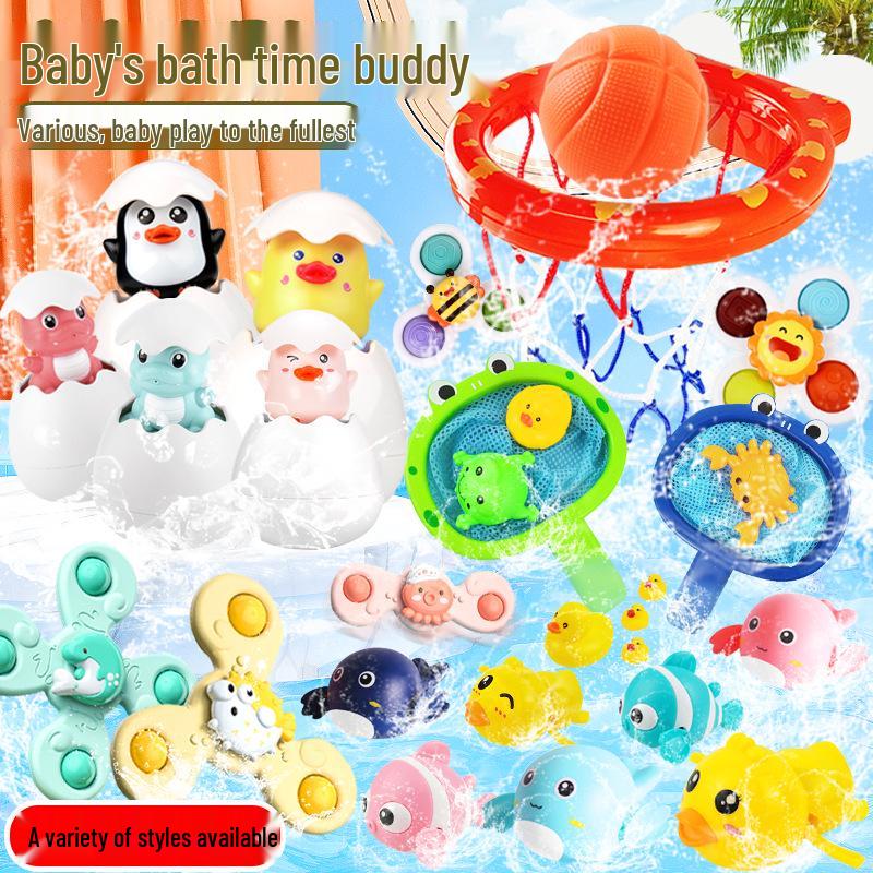 

Curated Baby Bath Toys: Rotating Sprinkler Egg & Wind-Up Swimming Animals