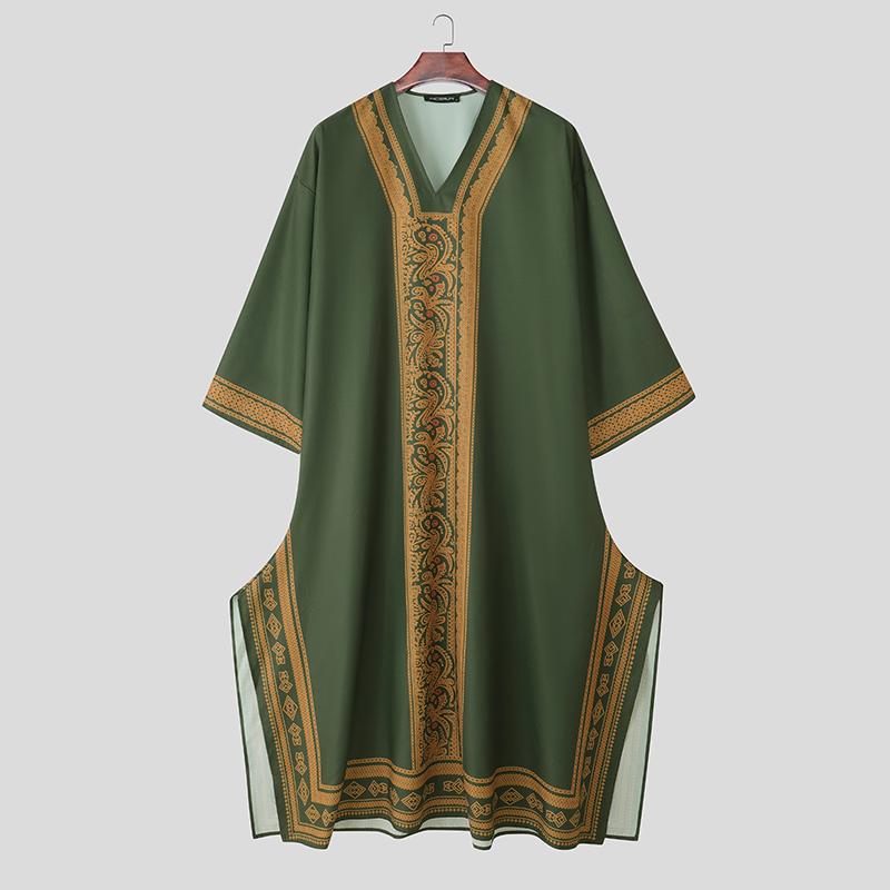 INCERUN Men Deep V Neck 3/4 Sleeve Floral Print Casual Loose Long Robes Tunic Tops