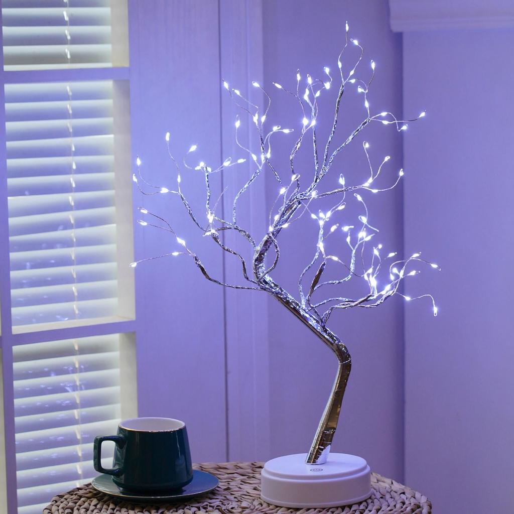 LED Bonsai Tree Lamp: Silver Branches with Pearls and Gold Leaf, Perfect for Christmas or Night Lighting