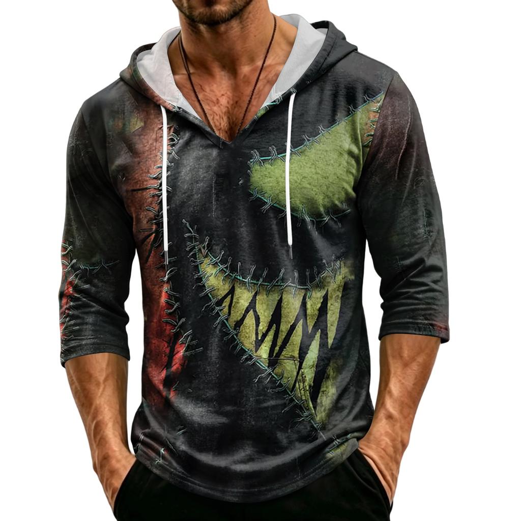 Men's Loose Fit Hooded Three-Quarter Sleeve Halloween Print Pullover