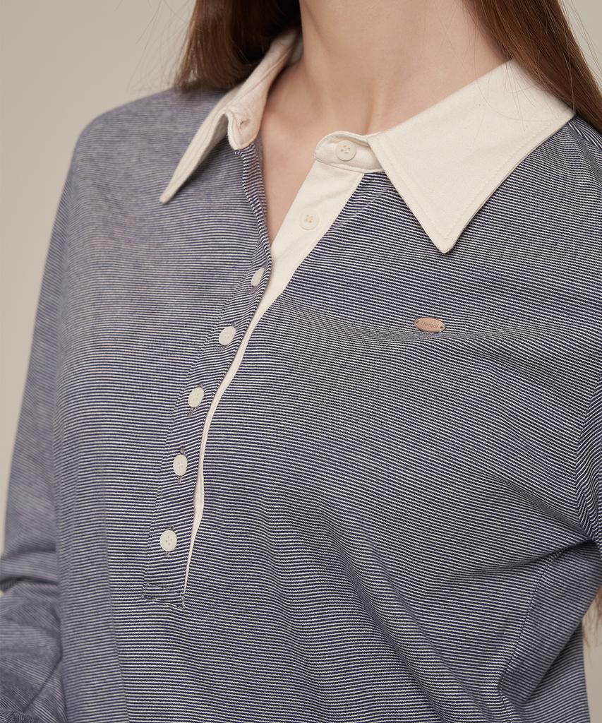 Iteoneolmomeonteu Striped Button Collar T-Shirt _ Navy