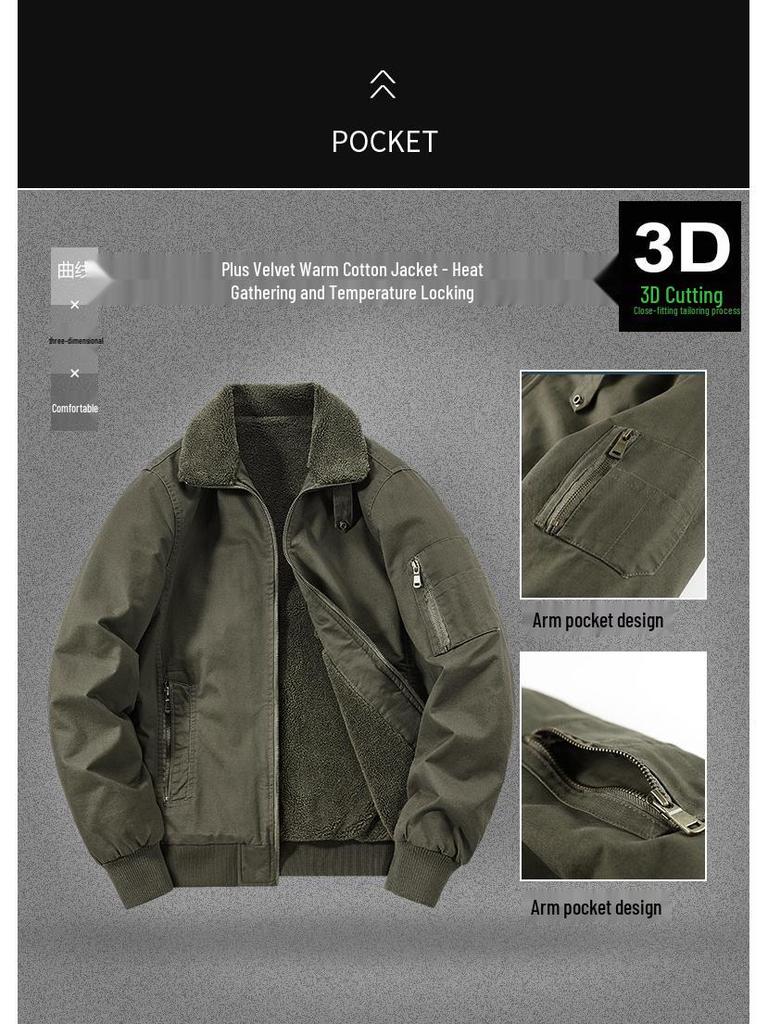 Men's Winter Plus Velvet Pilot Jacket Coat - Thickened Large Size Workwear Lapel Cotton Jacket