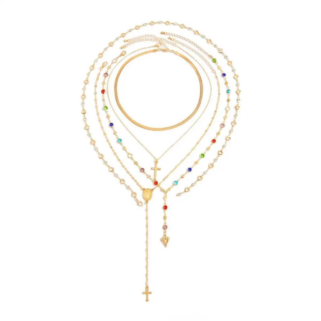 SHIXIN 5 Stück/Set Mode Y-förmige Bunte Kristall Schlüsselbein Kette Damen Boho Exquisit Gold Farbe Kreuz Anhänger Halskette Schmuck