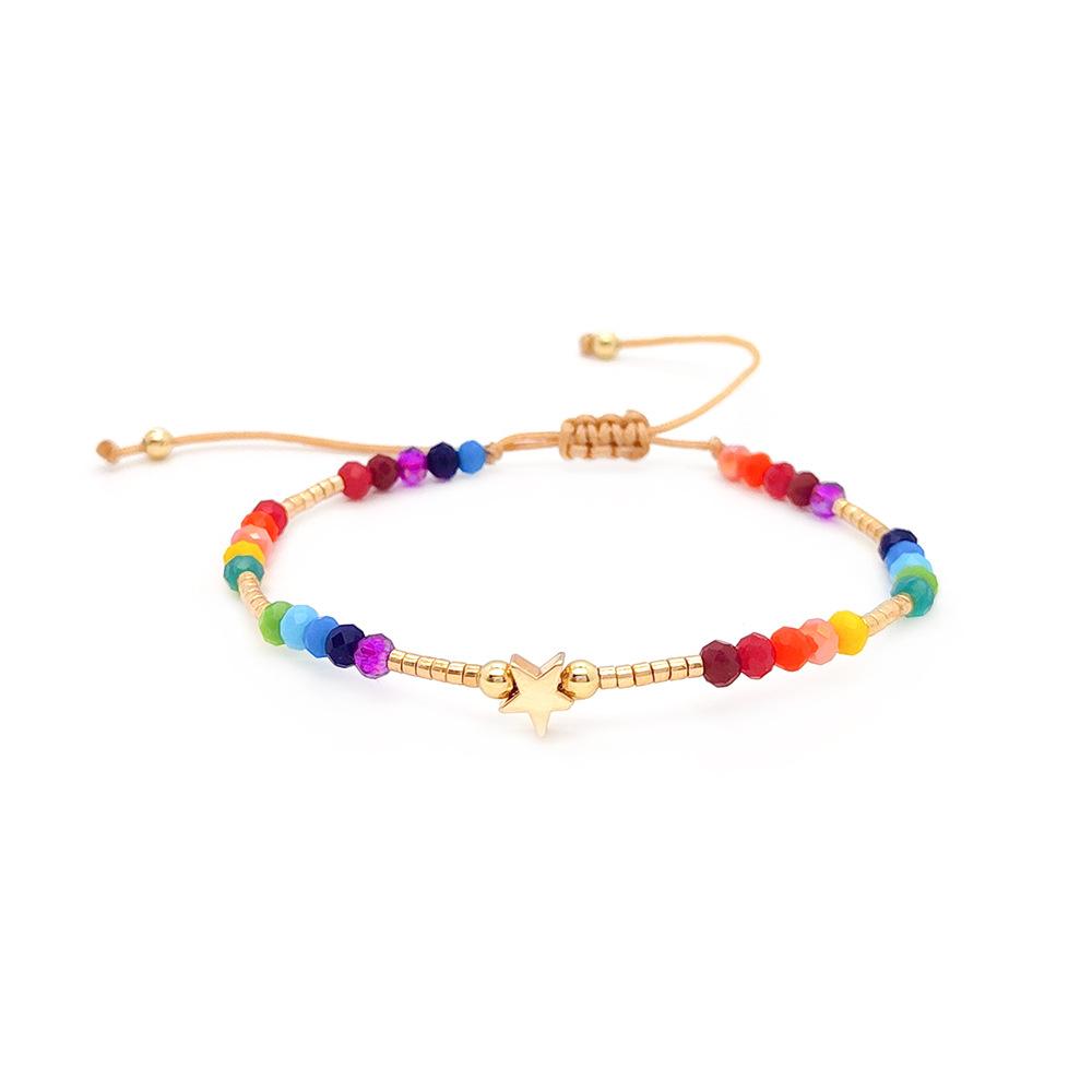 18K Gold Plated Heart Charm Rainbow Crystal Beaded Hand Rope Bracelet Simple European American Style Girls