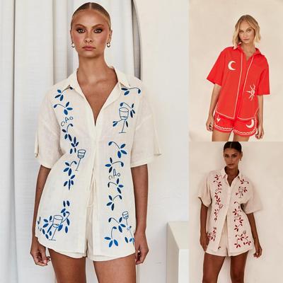 Damen Frühling Sommer Umlegekragen Kurzarmhemd Strickjacke Anzug Lässig 3D Stickerei Shorts Zweiteiliges Set S-XL