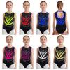 Leotard da Ginnastica da Ragazza Colore a Contrasto Metallico Senza Maniche Schiena con Intreccio e Inserti in Rete Patchwork Strass Brillanti Body