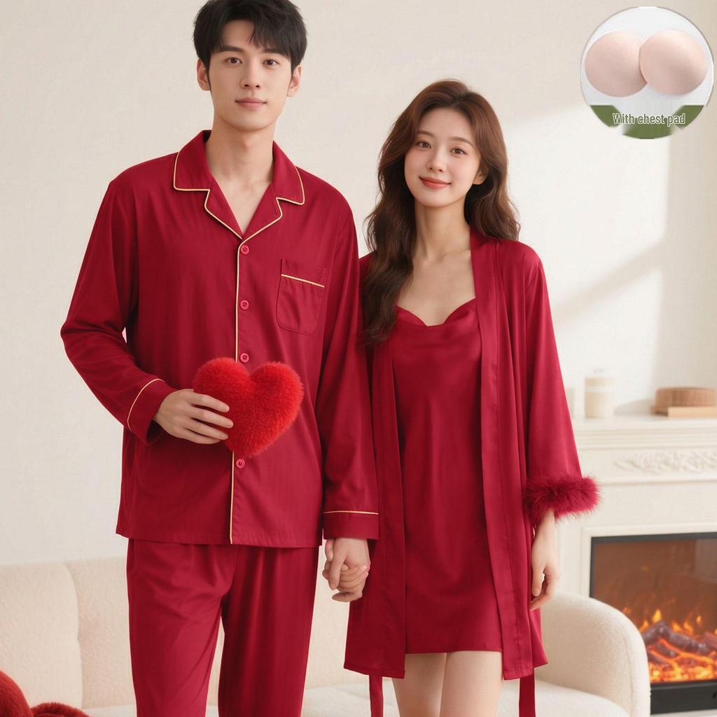 Red Zodiac Year Silk Wedding Pajamas & Robe Set for Bride and Groom