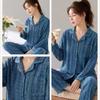 Spring, Summer and Autumn Women's Soft Pajamas, Blue Textured Cardigan, Long-sleeved Trousers, Two-piece Set