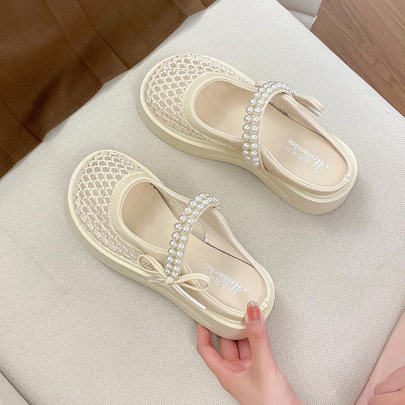 Thick-soled Bag Head Half Slippers Women's Summer Fashion Hole Sandals Lightweight Height-increasing Breathable Hollow Mesh Shoes