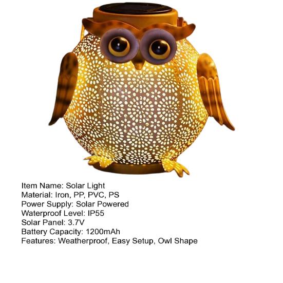 DYS Metal Owl Solar Light, Outdoor Lantern, Waterproof Powered Garden Hanging Floral Lantern for Patio Yard Porch