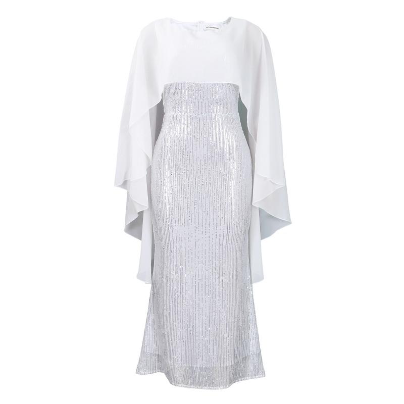Women's Spring New Fashion Chiffon Cloak Sequins Buttocks Long Dress Banquet Party Dress Dress