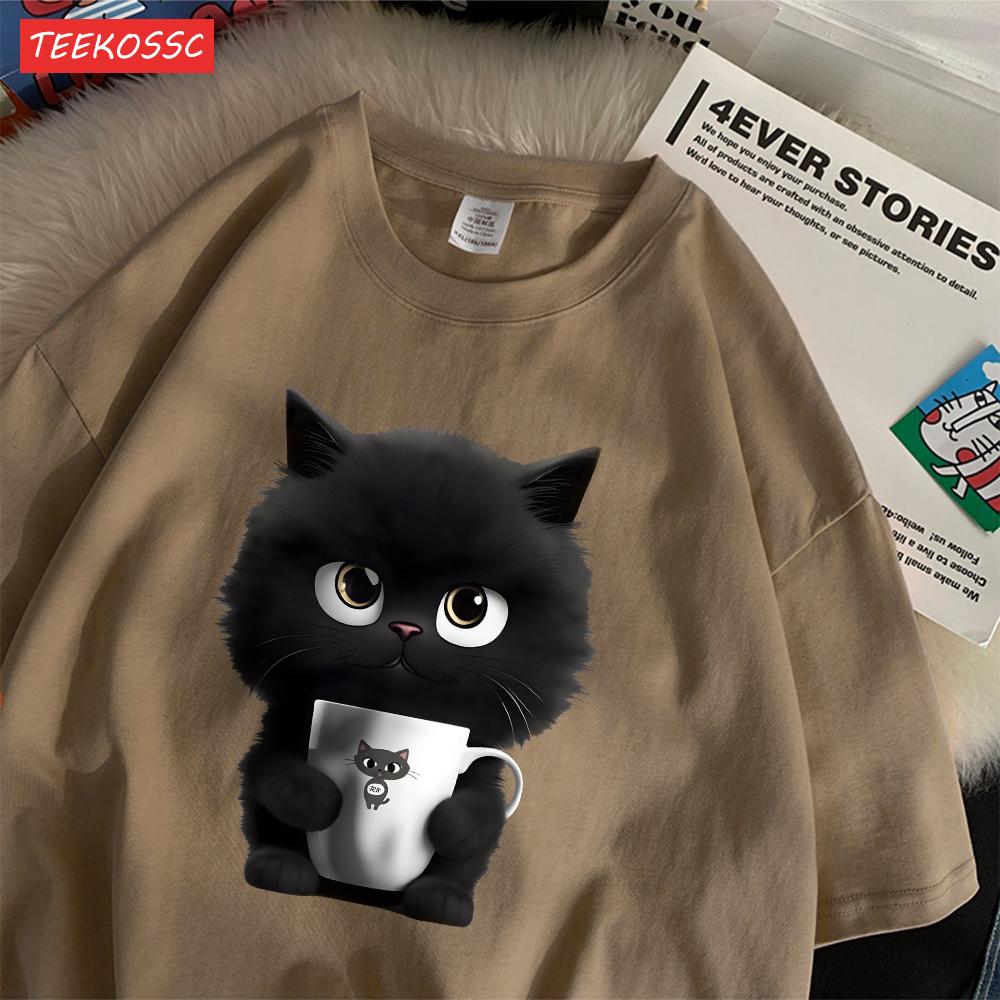 

Summer Cotton WomenS TShirts A Kitten Holding Cup Printing Streetwear Breathable ONeck Loose Casual Street Female Clothes S