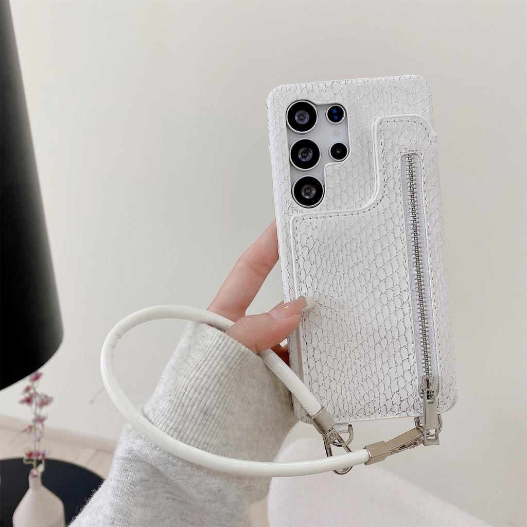 For Samsung Galaxy S24 Ultra Case Zipper Card Holder Mirror Snake Texture PU + PC Back Cover with Lanyard