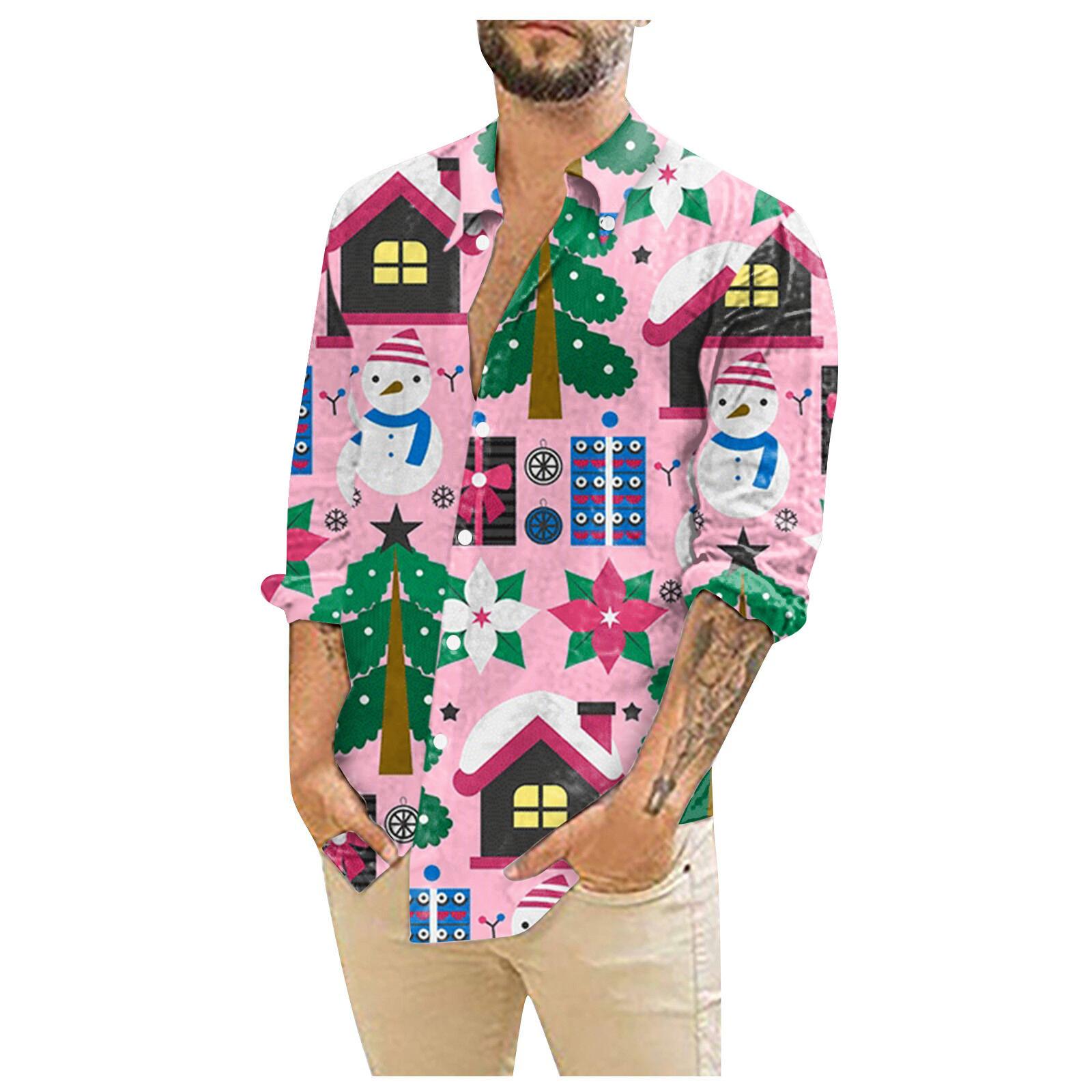 

Мужские рождественские рубашки с длинным рукавом и цветочным принтом, топы на пуговицах, забавная милая классическая рубашка с рисунком XXXL розовый