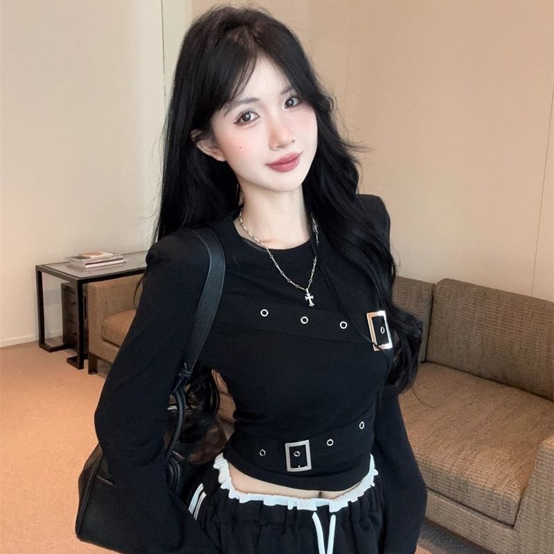 Women's T-shirts Black Long Sleeve Girls Y2K T-shirts Casual Leisure Street Wear