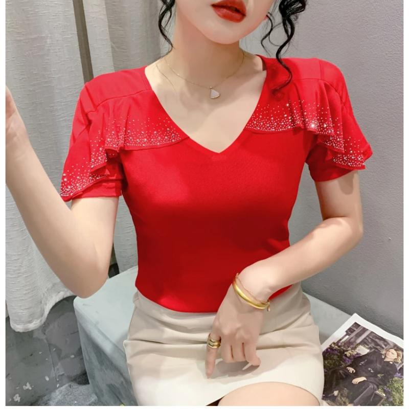 New Summer Streetwear Girl Chic Ruffled Hot Diamonds T-Shirt Fashion V-Neck Short Sleeve Mesh Tops Women's Tees Clothes Blouse