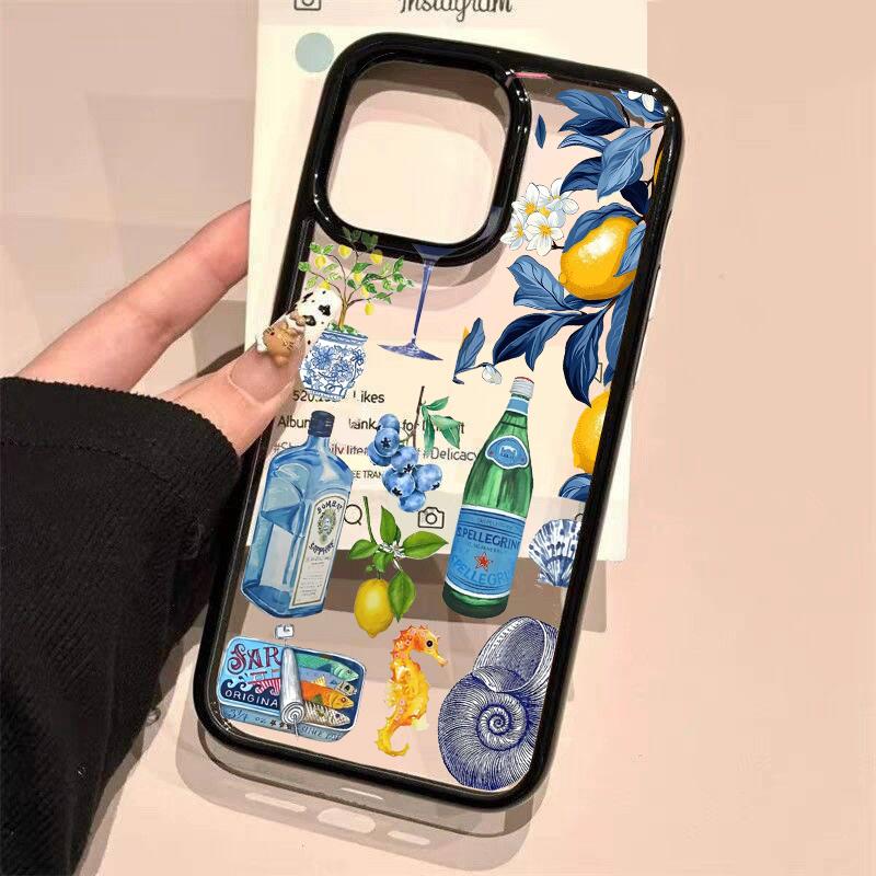 Luxury Seaside Scenery Wine Lemon Phone Case for IPhone 16 15 14 13 12 11 Pro Max 17 AIR X XR XS 8 Plus Cute Clear Hard PC Cover