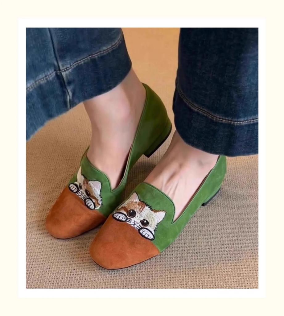 Fashion Luxury Designer Fashion Women's Retro Kitten Flat Single Spring Slip-On Bean Style Comfortable Bean Shoes Cat Round Toe Shoes