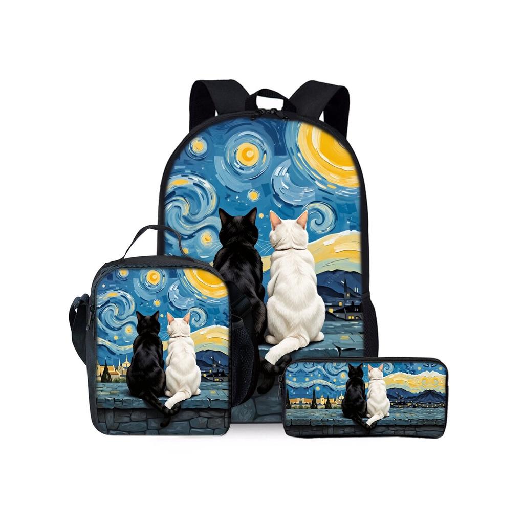 Set di Zainetti Tre Pezzi con Stampa Gatto Nero e Fiori per Ragazzi e Ragazze Migliori Regali Zaino Scolastico Cartoon Piatto 2D per Bambini