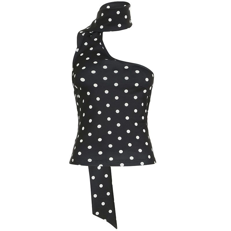 

2024 Chiffon Leopard Print Lightweight V-Neck Halter Backless Slim Fit Ruffled Sexy Hot Girl Tank Top 26587 Black Polka Dots (0.1kg) S