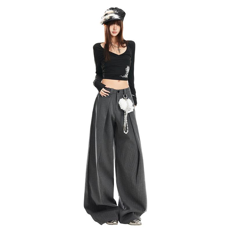 Gray Striped Wide-Leg High-Waisted Women's Pants - 2026 Spring Arrival, Straight and Slimming Versatile Suit Style.