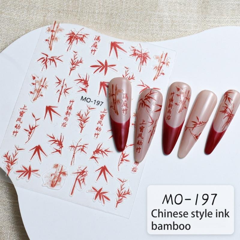 Chinese Style Nail Sticker Nail Decals Embossed Self Adhsive Sticker Chinese Bamboo for Women Girls DIY Nails Manicure