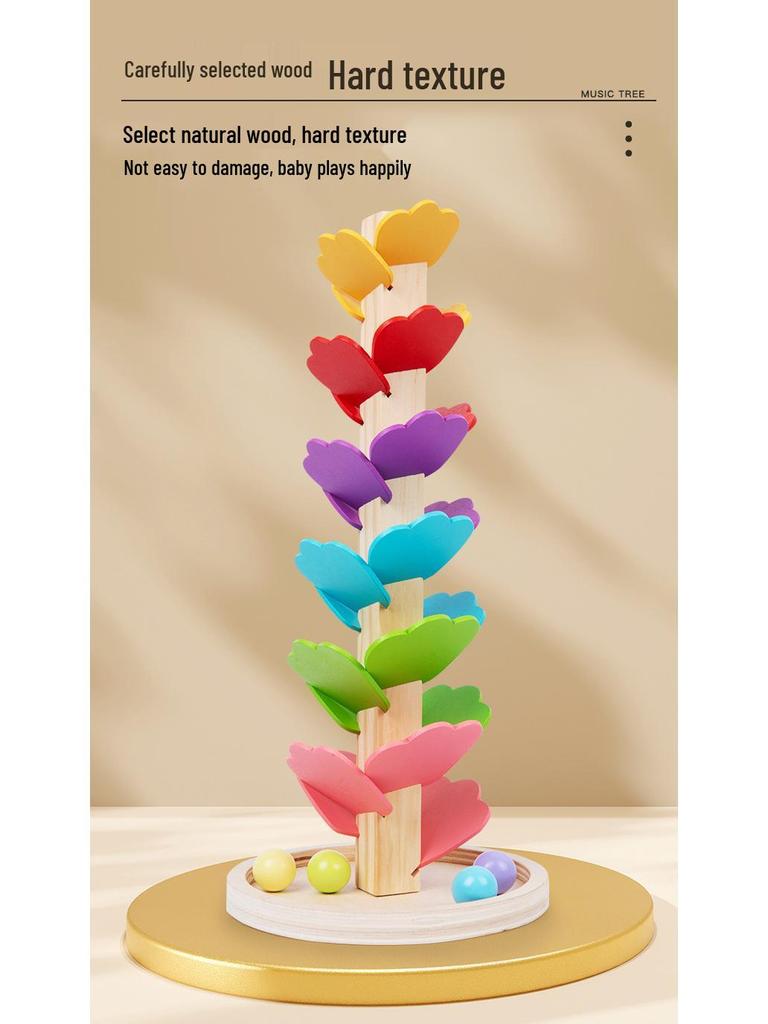 Montessori Rainbow Ball Track Tree: Rotating Leaf Stacker & Musical Wooden Puzzle Toy.