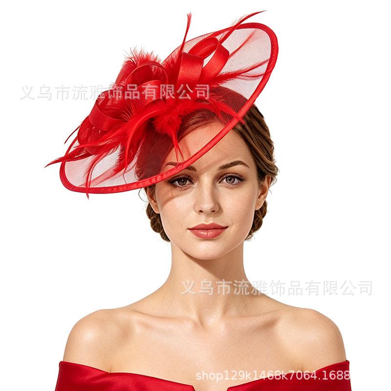 Vintage Bridal Mesh Headdress Feather Head Flower Headdress Top Hat Wedding Dress with Racing Party Headdress