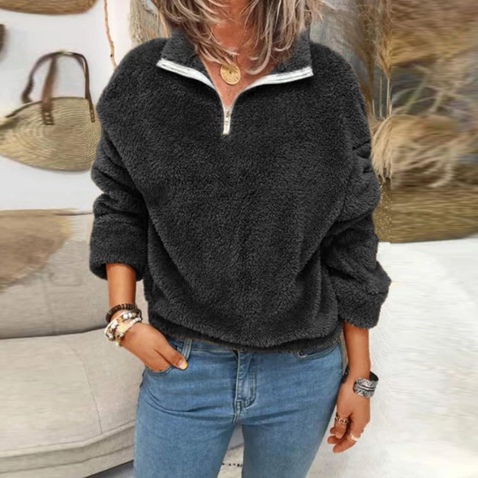 Fashion Women Zipper Patchwork Long Sleeves Tops Plush Pullover Sweatshirt S чёрный