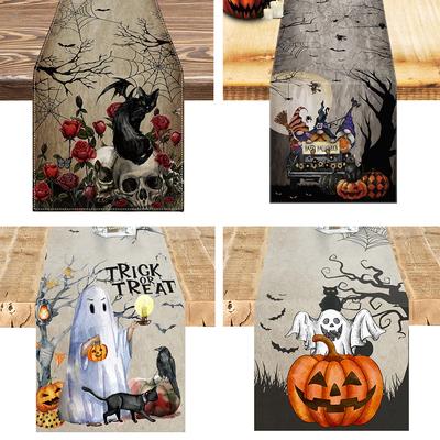 1pc Halloween Table Runner Black Cat Ghost Pumpkin Skull Design Durable Tablecloth for Halloween Dining Room Kitchen Decoration