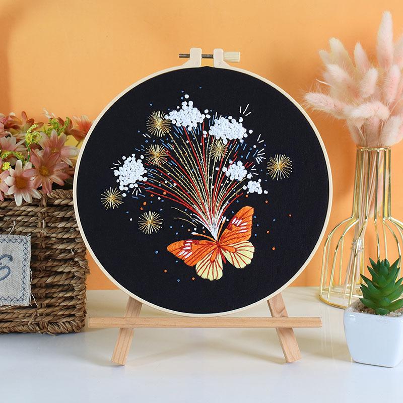 

1Pc Gorgeous Fireworks Butterfly DIY Embroidery Needlework Bamboo Embroidery Frame English Kit 20cm