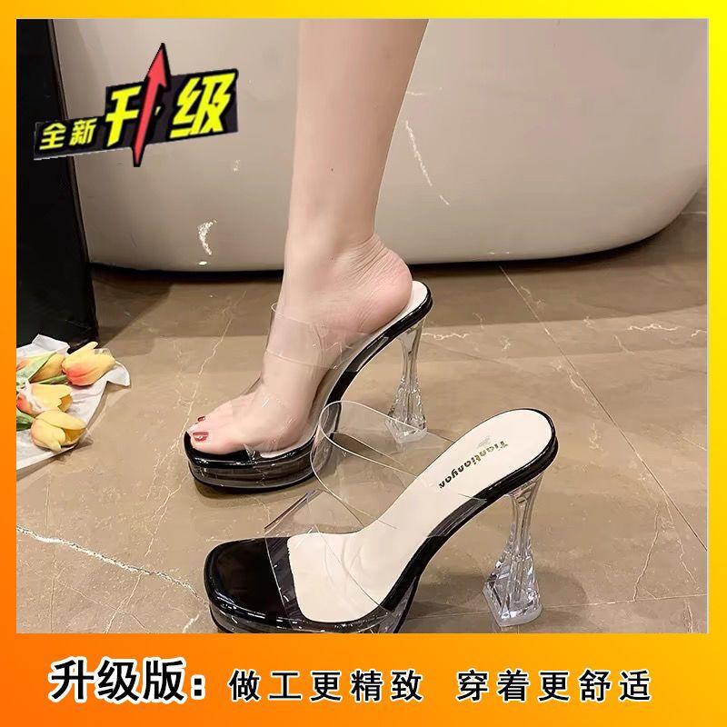 2025 Summer New Super High Heel Sandals Women's Transparent Word with Cool Slippers Crystal Heel Thick Heel Model Car Show Catwalk
