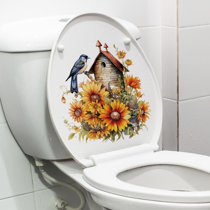Sunflower Bird Wall Sticker for Kids Bathroom Toilet Seat Cover Decoration Self Adhesive Waterproof Home Decor