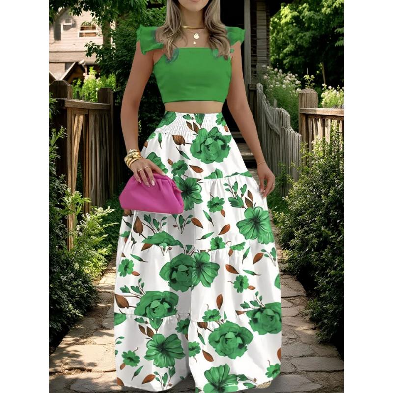 Women's 2 Piece Outfit Set Sexy Solid Color Ruffle Sleeve Crop Top High Waist Tiered Flowy Maxi Skirt Elegant Vacation Beach Wear Suit