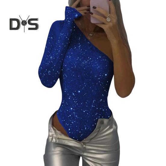

Женский сексуальный боди с пайетками, длинный рукав, одно плечо, топ-труба, комбинезон, женский облегающий цельный комбинезон для вечеринок, клубов, баров S синий