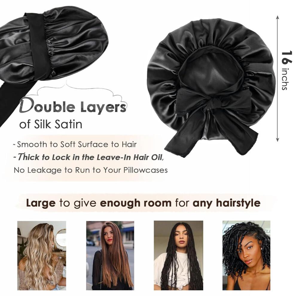 Satin Cap Silk Cap for Sleep Double Layered Satin Lined Hair Cap with Tie Bonnets for Women Natural Curly Hair 3pcs