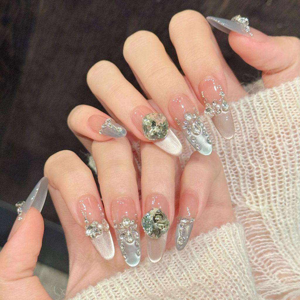 Handmade Press On Nail French Gentle Sparkling Ice-clear Cat Eyes 3D Diamond Light Luxury Long Oval/Stiletto Fake Nail Patch Artificial Nail Reusable