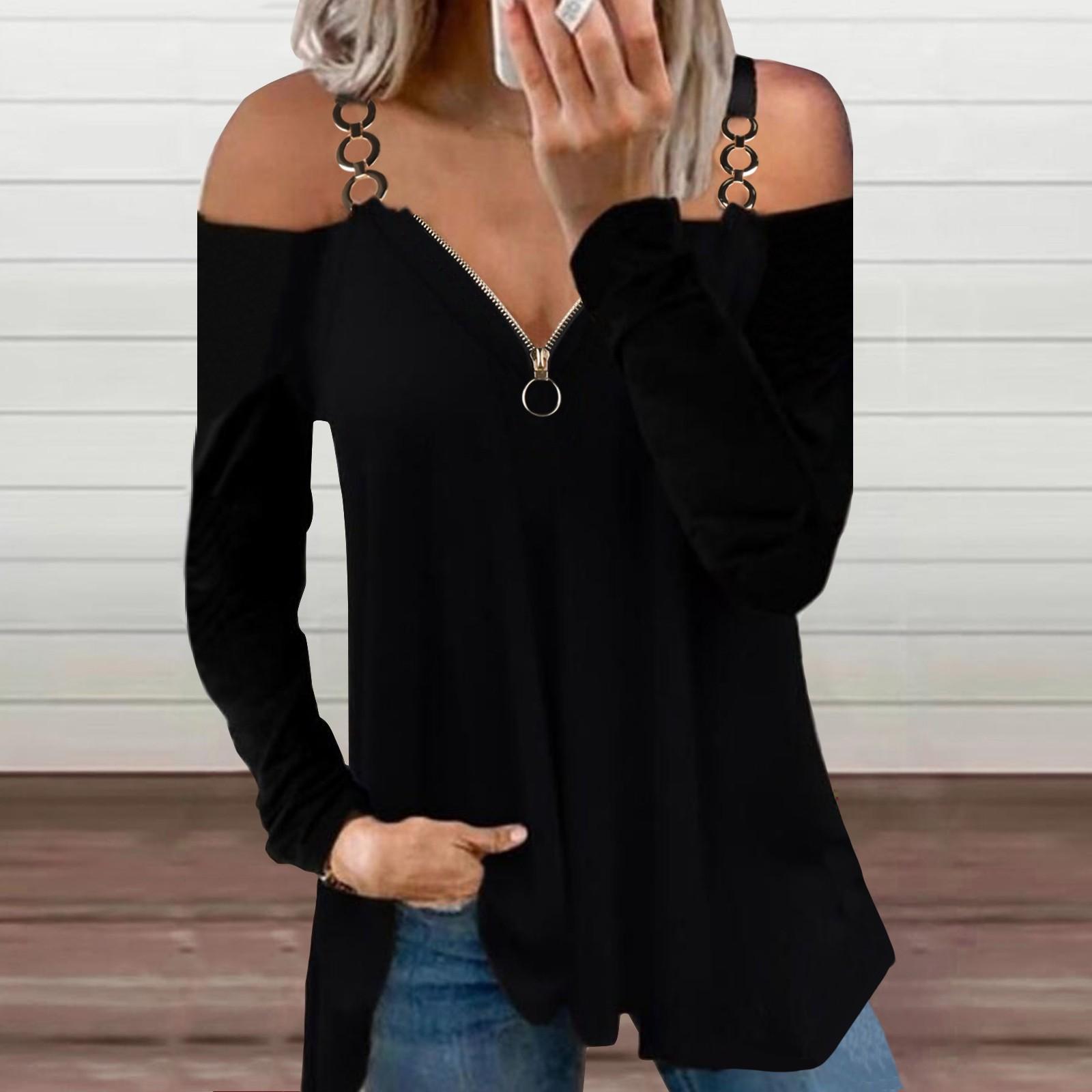

Женские осенне-зимние однотонные топы с v-образным вырезом на молнии без бретелек с металлической пряжкой и длинными рукавами L чёрный