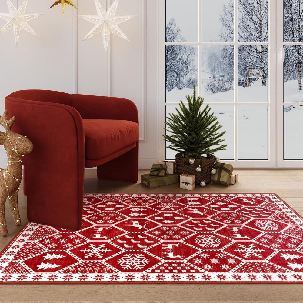 Christmas Area Rug for Living Room Non Slip Washable Rugs Red Christmas Entryway Rugs Indoor Decor Geometric Rug for Home Office