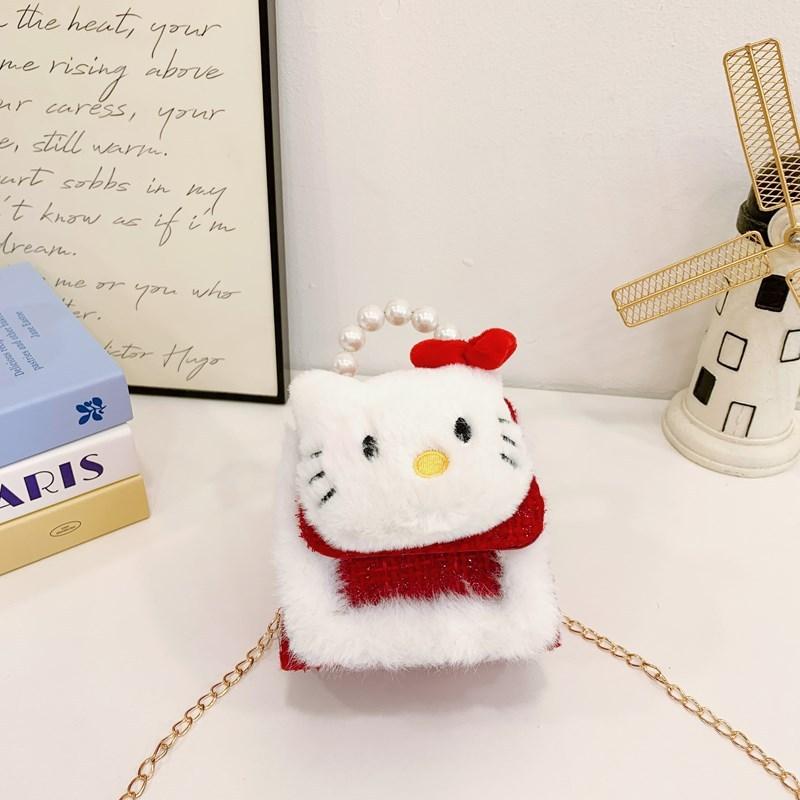 Melody Hello Kitty Puppen Dekor Schulter Crossbody Tasche Künstliche Perlenhenkel für den täglichen Gebrauch